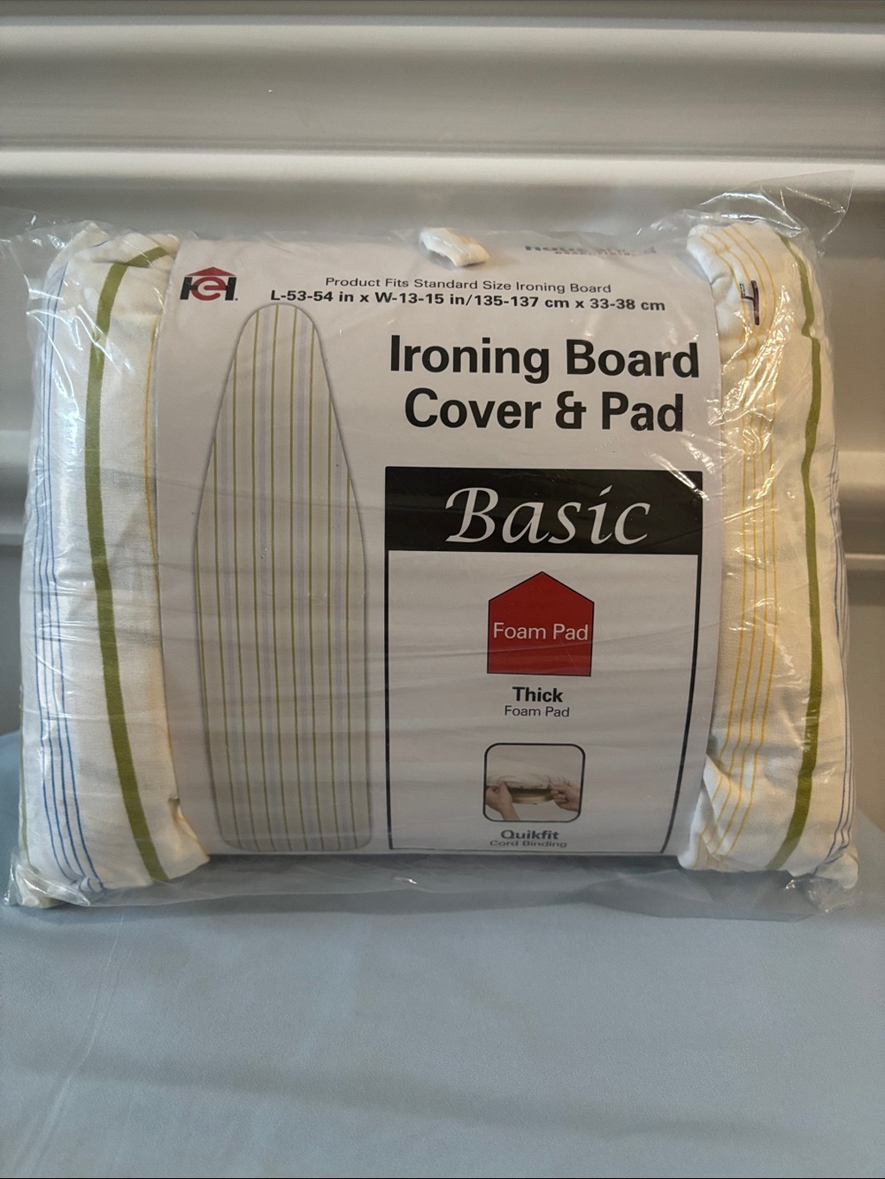 Basic Ironing Board Cover & Pad - White with Green & Yellow Stripes